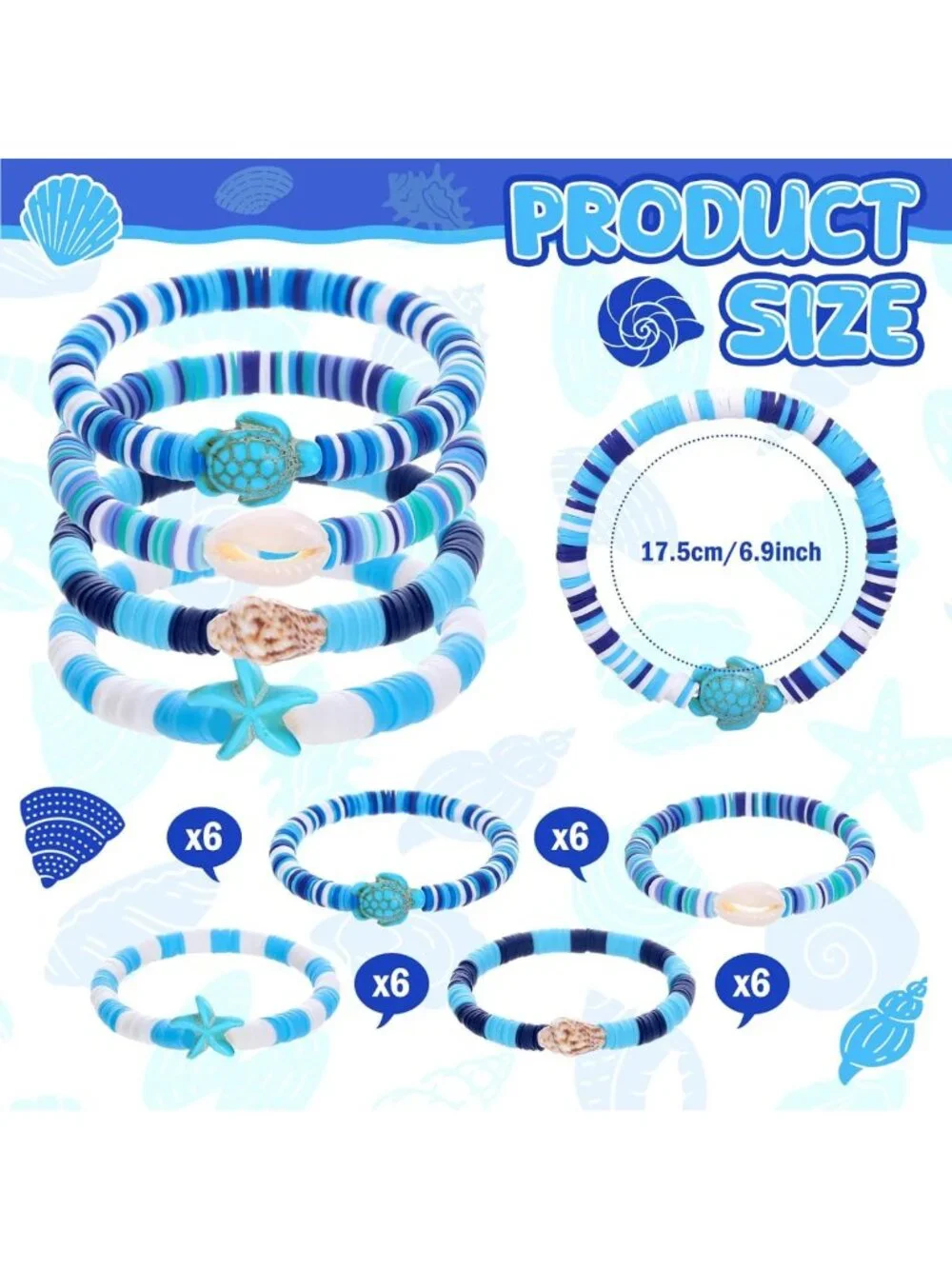 96 Pcs Ocean Beaded Bracelets Set - Polymer Clay Shells, Turtle & Starfish